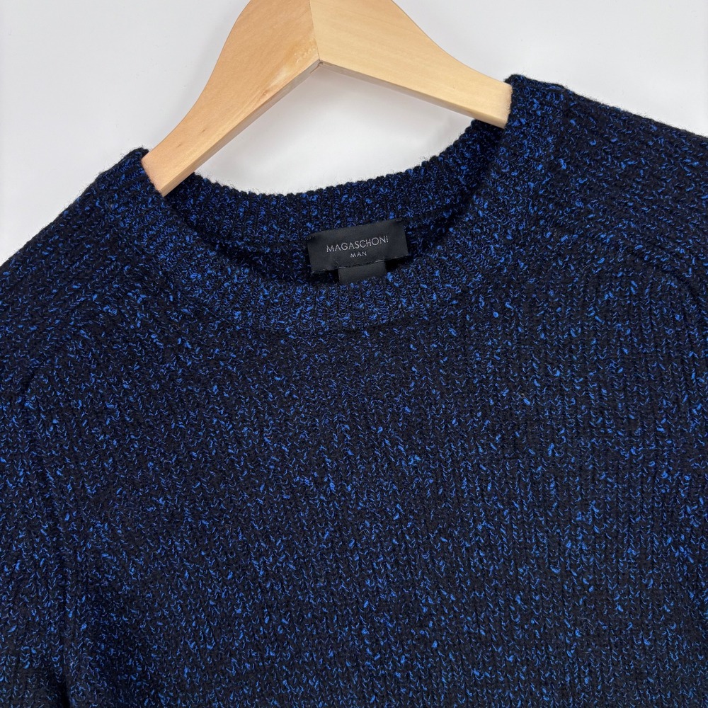 Magaschoni Crewneck Sweater Mens S Blue Black Wool Blend Marled Knit Pullover